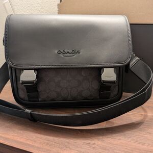 Coach Black Leather & Signature Canvas Messenger Bag